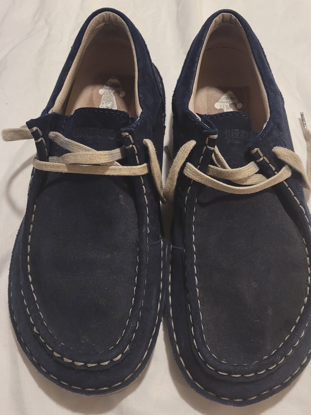 Birkenstock Men's Navy Suede Moccasin Boat Shoes with Cream Laces